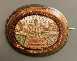 Antique Vintage Italian Micro Mosaic Goldstone Silver Landmark Monument Brooch