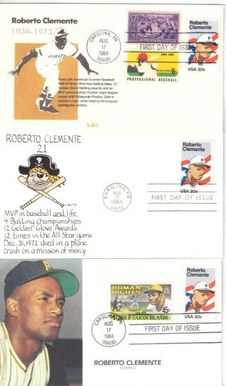 Three 1984 Roberto Clemente First Day Covers,  One Limited