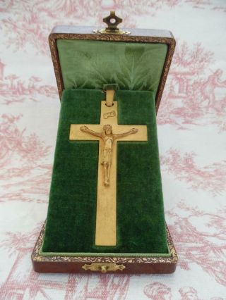 Divine Antique French Gilt Travel Crucifix In Case - Circa 1920