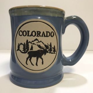 Vintage Blue Colorado Pottery Coffee Mug Cup Moose Mountains Heavy