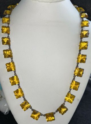 Vintage Antique Art Deco Czech Citrine Crystal Paste Open Prong Set Necklace