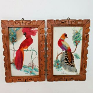 Vintage Mexican Bird Feather Art Craft Picture Carved Wooden Frame 10 X 7 Pair