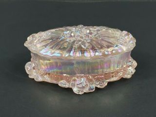 Vintage Fenton Glass Pink Iridescent Cabbage Roses Oval Trinket Box Carnival Euc