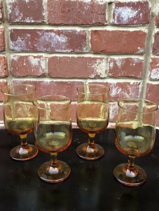 Set Of 4 Vintage Elegant Glass Amber 5 - 7/8 " Stemmed Water Goblets