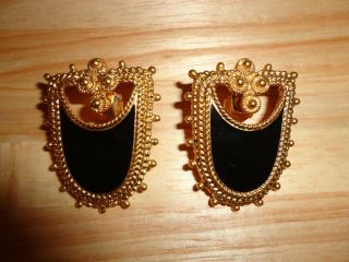Vintage Avon Etruscan Revival Black Enamel Gold Tone Shield Earrings