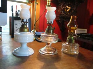 Three Banner Miniature Oil Lamps Antique Ca.  1870 Olmstead Burners