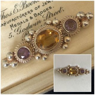 Antique Vintage Jewellery Sterling Silver Amethyst & Citrine Stone Brooch Pin