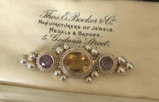 Antique Vintage Jewellery Sterling Silver Amethyst & Citrine Stone Brooch Pin 2