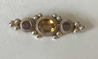 Antique Vintage Jewellery Sterling Silver Amethyst & Citrine Stone Brooch Pin 3