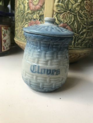 Antique Blue And White Basketweave Stoneware Cloves Spice Jar