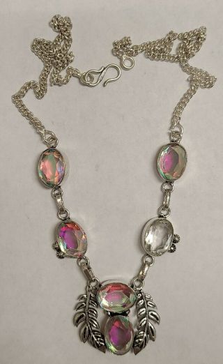 Antique Vintage 925 Sterling Silver Aurora Borealis Crystal Necklace