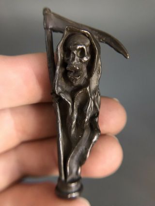 Vintage/antique Grim Reaper Bronze Pipe Tamper Death Head Skull Miniature Brass