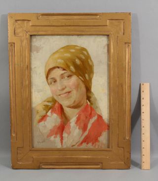 Antique Origin V.  Rispoli Italian Peasant Woman Genre Oil Painting,  Carved Frame