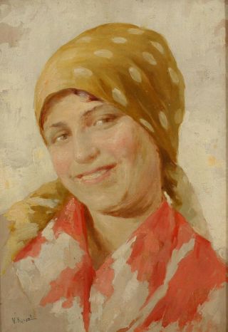 Antique Origin V.  RISPOLI Italian Peasant Woman Genre Oil Painting,  Carved Frame 3