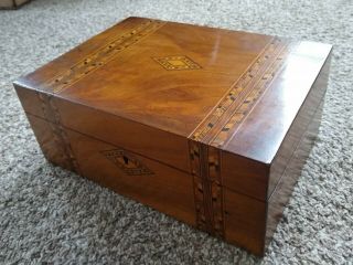 Antique Mixed Inlaid Wood Writing Slope Box With Glass Brass Top Inkwell Af