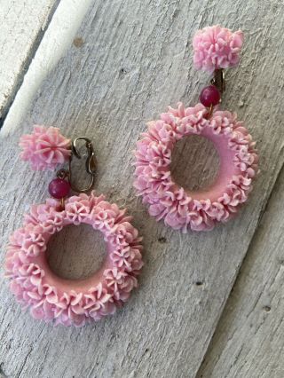 Vintage 1960’s Pink Flower Drop Earrings Hard Plastic