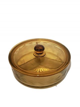 Vintage Amber Glass Divided Candy Nut Dish Faberware Lidded With Lid Triple 3