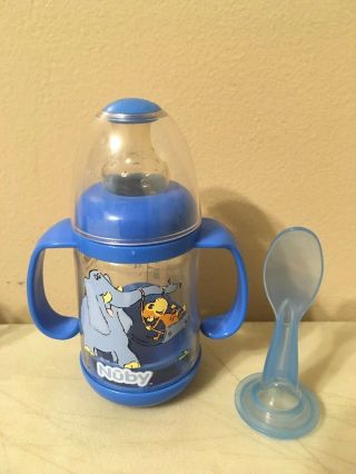Vintage Nuby Infant Feeder Bottle Baby Cereal Baby Food 4oz With Spoon Blue