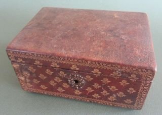 Ancienne Boite A Couture Bijoux En Cuir Antique Leather Silk Sewing Jewelry Box