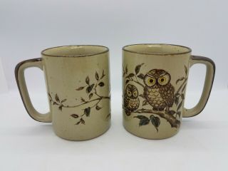 2 Vintage Otagiri Owl Coffee Mugs Cups Hand Painted Japan Embossed Stoneware