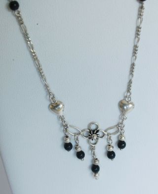 Vintage Sterling Silver 925 Ornate Necklace 17 " - Dangle Black Beads