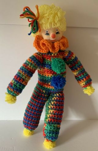 Vintage 14 " Handmade Crocheted Crochet Rainbow Clown Doll Circus Stuffed Plush