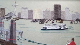 Vintage PNW Seattle Skyline Framed Embroidery / Needle Work / Cross Stich 20x28 2