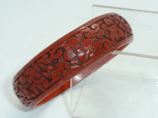Antique Chinese Carved Red Cinnabar Lacquer Bangle Bracelet Flowers