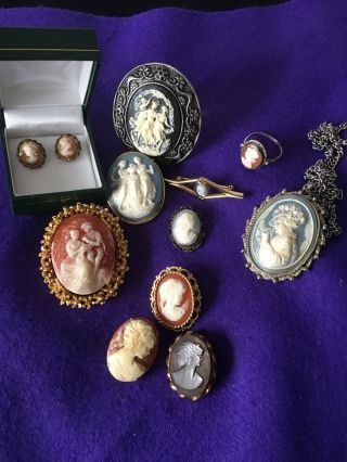 Antique Vintage Joblot Cameo Broochs Ring Earrings Rolled Gold X12