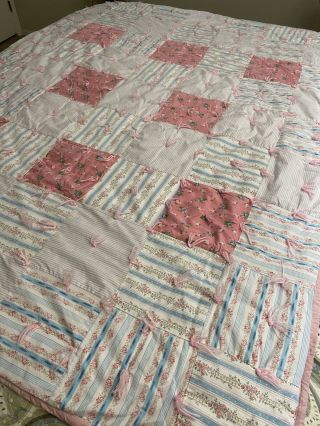 Vtg Homemade Yarn Tied Block Quilt Pink Blue 54.  5 " X 72 "