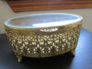 Vintage Oval Gold Filigree Hinged Footed Jewelry/trinket Box Beveled Glass Top