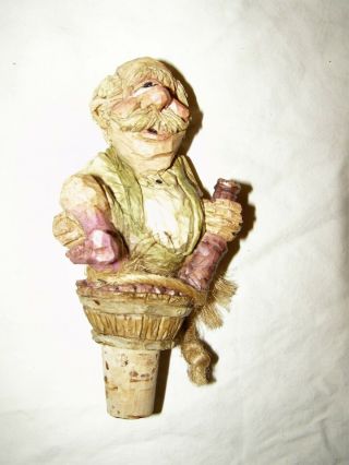 Vintage Anri Carved Bottle Stopper - Old Man Making Wine/stomping Grapes - Signed