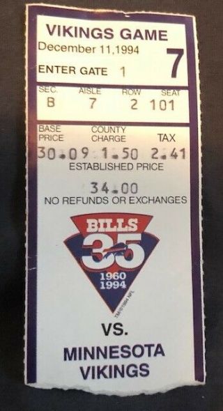 1994 Ticket Stub Dec 11 1994 Buffalo Bills 17 Vs Minnesota Vikings