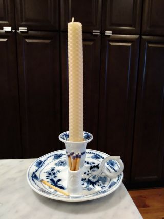 Blue Onion Chamber Candle Stick With Match Holder And Striker Antique