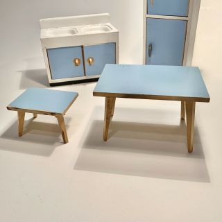 Vintage DollHouse Made In Germany Kitchen Furniture Blue Sink Table Refrigerator 2