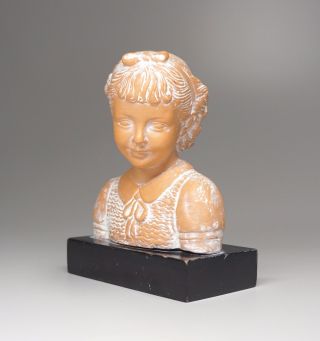 Vintage Terracotta Bust On Pedestal Young Girl Smiling Spain 4.  5 " High