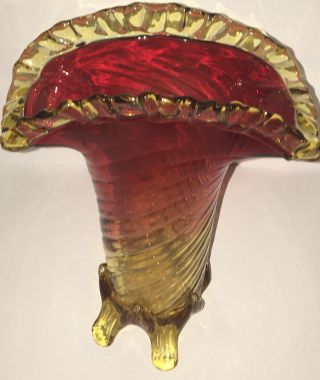 Large Antique Amberina Art Glass Vase,  Applied Amber Ruffled Top & Feet C.  1880.