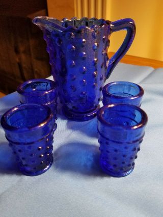 Vintage Miniature Cobalt Blue Hobnail Pitcher With 4 Glasses (5 Piece Set)