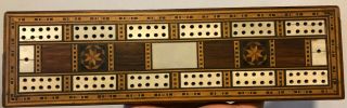 Fine Antique Inlaid Bone Cribbage Board W/ Carved Pegs,  Three Different Woods