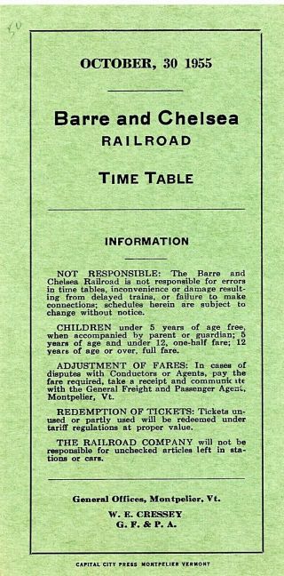 Barre & Chelsea Railroad (card) Passenger Time Table,  October 30,  1955