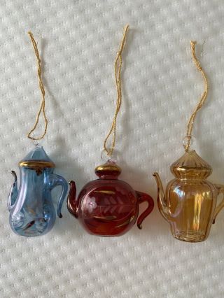 Hand Blown Glass Teapot Ornaments Set Of 3 Christmas Tree Holiday Vintage Style