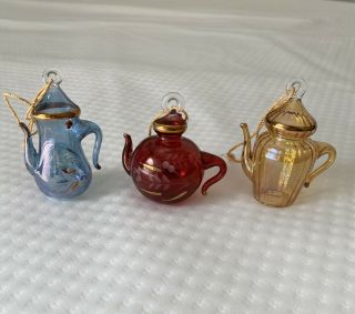 Hand Blown Glass Teapot Ornaments Set Of 3 Christmas Tree Holiday Vintage Style 2