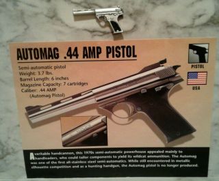 Vntg.  44 Amp Automag Magnum Pistol Lapel Pin Tie Tack & Information File Card