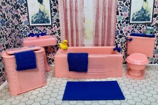 Renwal Pink Bathroom Set Vintage Tin Dollhouse Furniture Ideal Plastic 1:16
