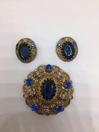 Vintage W.  Germany Sapphire Blue Rhinestone Filigree Brooch And Earring Set
