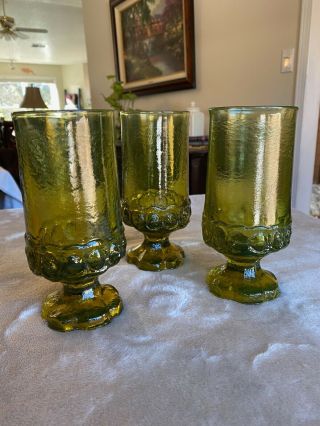 Tiffin Franciscan Madeira Olive Green Footed Drinking Glass Vintage Set Of 3