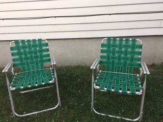Vintage Pair 1960s Aluminum Webbed Folding Lawn Chair Camping Green