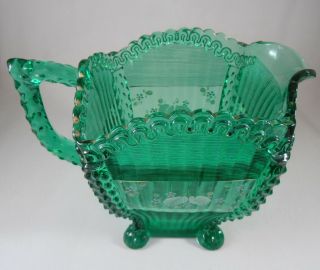 Antique Eapg Northwood Alaska Square Green Glass Pitcher Hand Painted Footed 7 ½