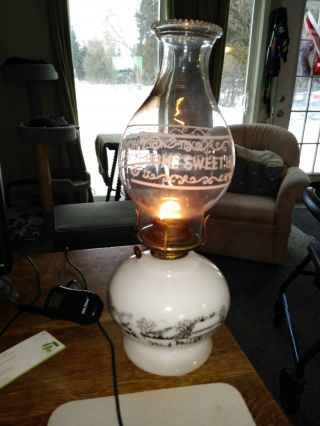 Currier And Ives,  White Milk Glass Oil Lamp,  Home Sweet Home Globe,  Vintage