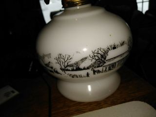 currier and ives,  white milk glass oil lamp,  home sweet home globe,  vintage 2